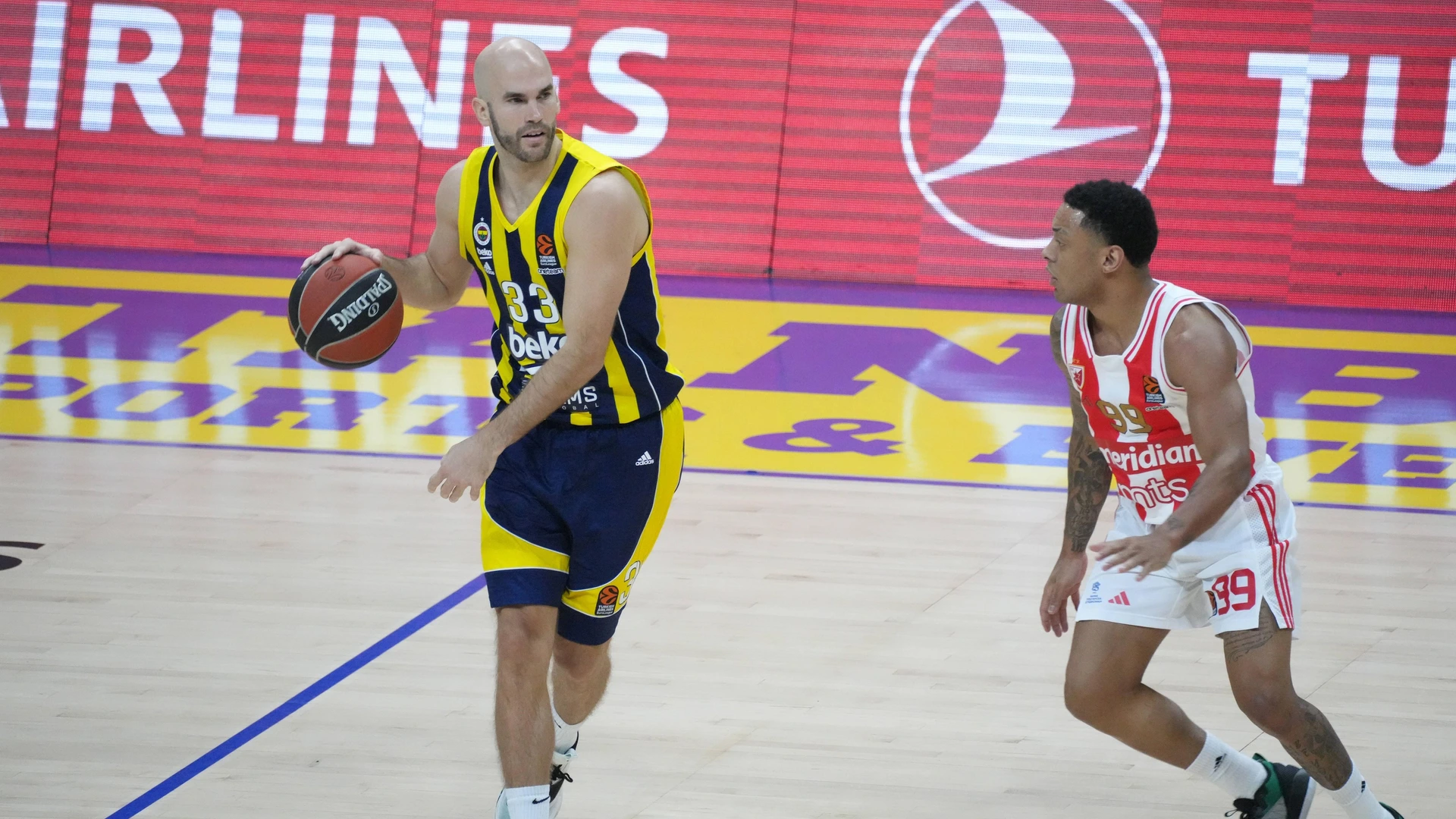 Nick Calathes L of Fenerbahce Beko Istanbul and Yago Dos Santos of Crvena Zvezda Meridianbet Belgrade in action during the EuroLeague match between Fenerbahce Beko Istanbul and Crvena Zvezda