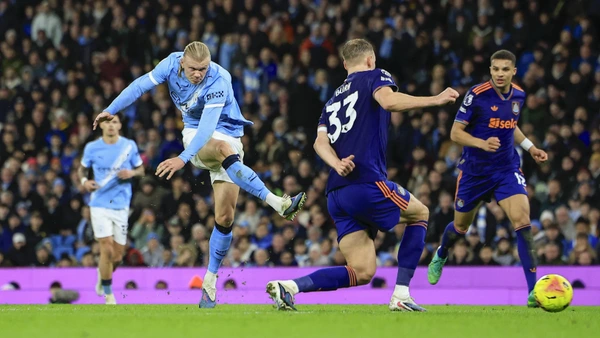 Manchester City v Newcastle United, Premier League Erling Haaland 9 of Manchester City has a shot on goal during the Premier League match between Manchester City and Newcastle United at the Etihad Stadium, Manchester, UK on 21 February 2026.