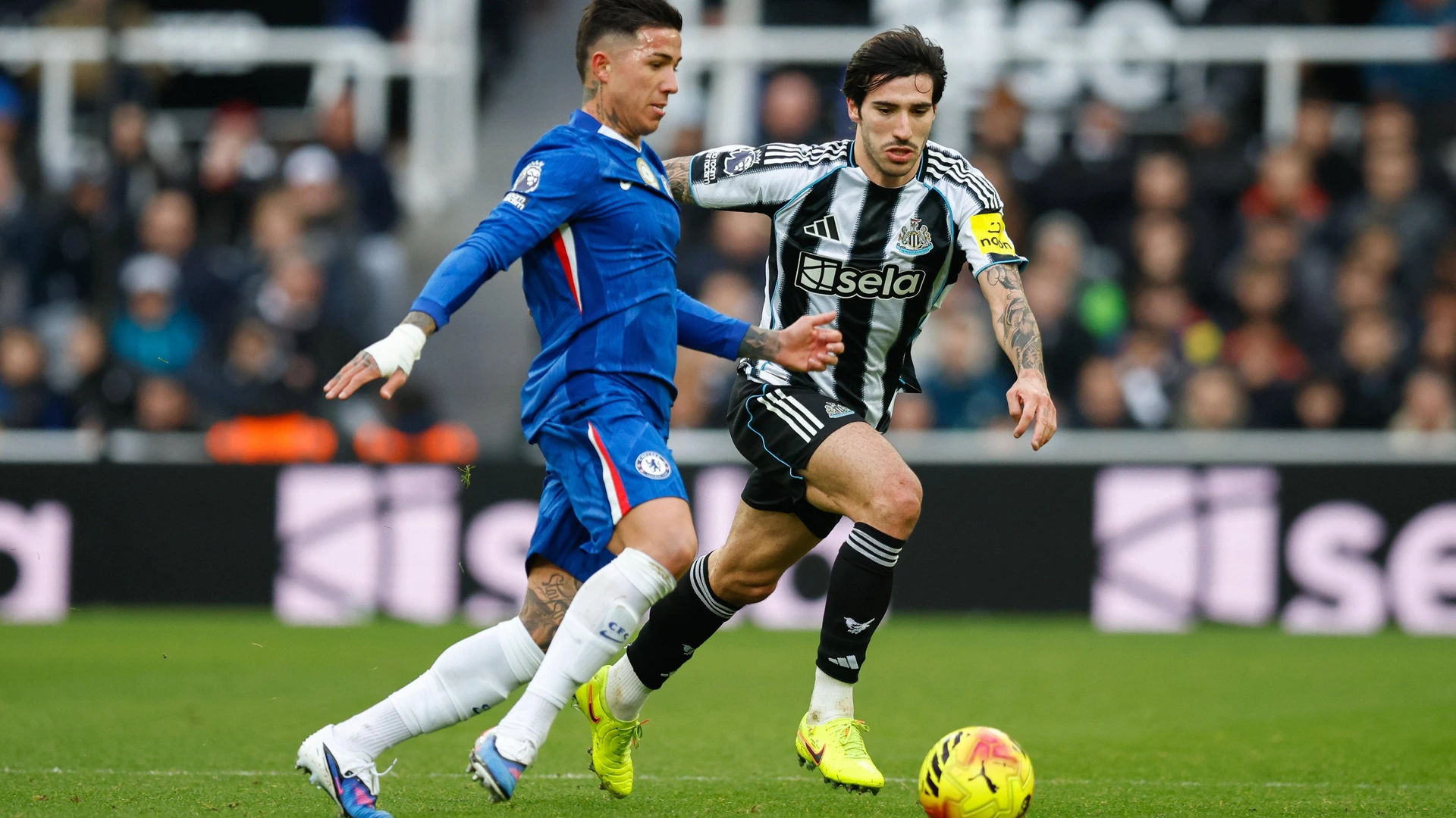 Enzo Fernandez of Chelsea beats Sandro Tonali of Newcastle United to the ball during the Premier League match between Newcastle United and Chelsea at St. James s Park, Newcastle, England on 20 December 2025.