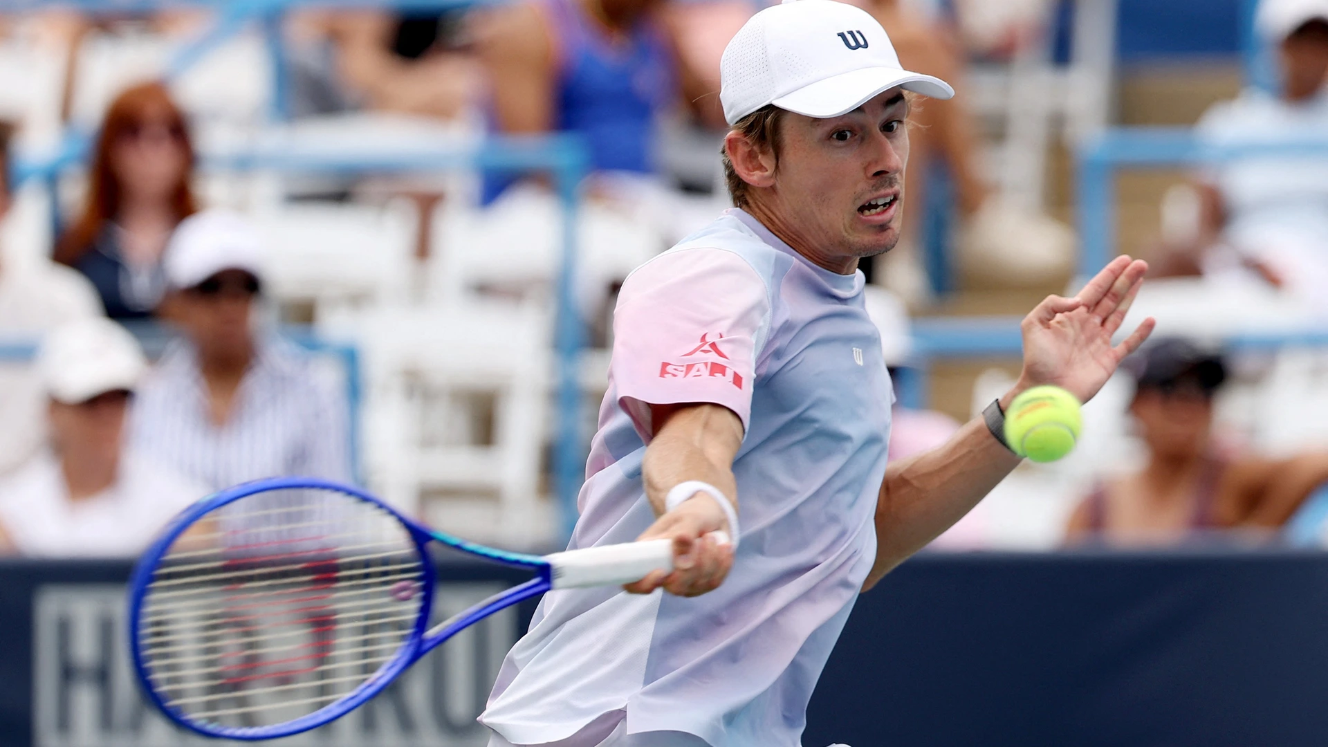 Alex de Minaur of Australia returns a shot during a men's singles match against Stefanos Tsitsipas of Greece during day three of the Mubadala Citi DC Open 2026 on July 29, 2026