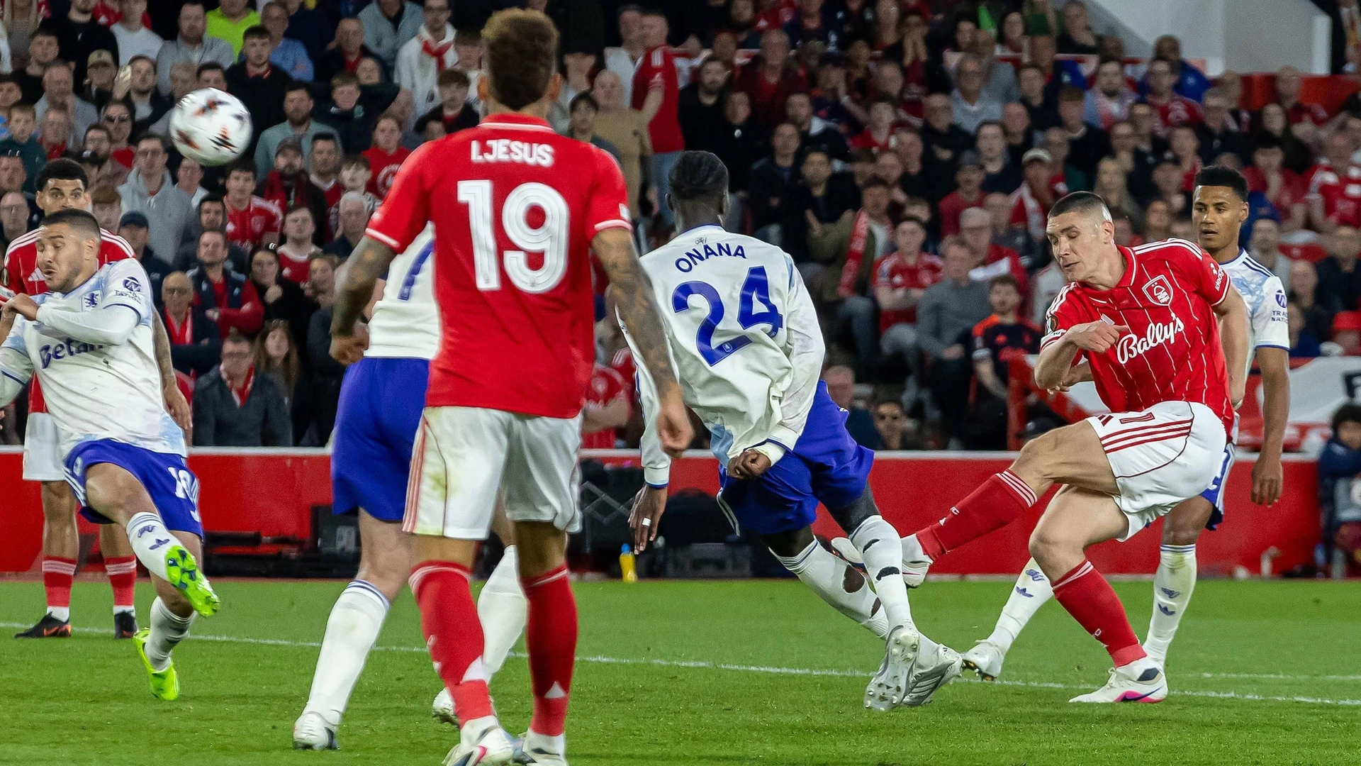 Nottingham Forest defender Nikola Milenkovic 31 shoots at goal during the Europa League semi-final 1st leg match between Nottingham Forest and Aston Villa at the City Ground, Nottingham, UK on 30 April 2026.