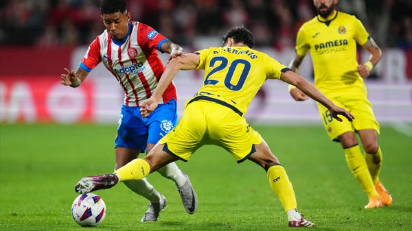 ESP: Girona FC - Villarreal CF. La Liga EA Sports. Date 36 Savio Moreira Savinho of Girona FC and Ramon Terrats of Villarreal CF during the La Liga EA Sports match between Girona FC and Villarreal CF played at Montilivi Stadium on May 14, 2024