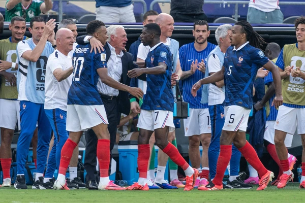 June 30, 2026, Bronx, New York, USA: Forward Kylian Mbappe (10) of France national team, Nationalteam celebrates scoring goal with Head Coach Didier Deschamps of France National team, Forward Ousma...