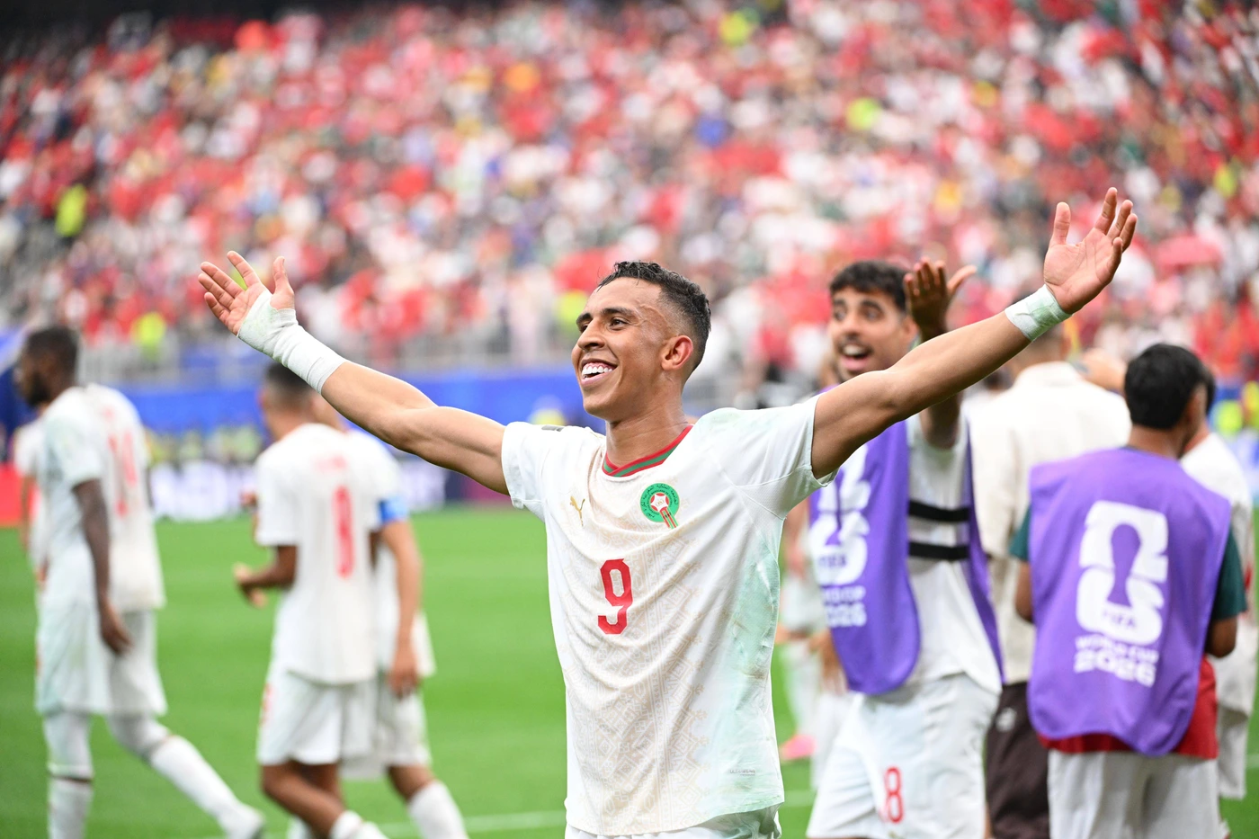 rahimi (soufiane) FOOT COUPE DU MONDE 2026 2026 CANADA-MAROC (0-3) NRG STADIUM HOUSTON ETATS UNIS 04 07 2026 FAUGERE FRANCK joie du 0-3, 90 +8 HOUSTON NRG STADIUM GermanyxJapanxUKxFrancexBelgiumxOUT