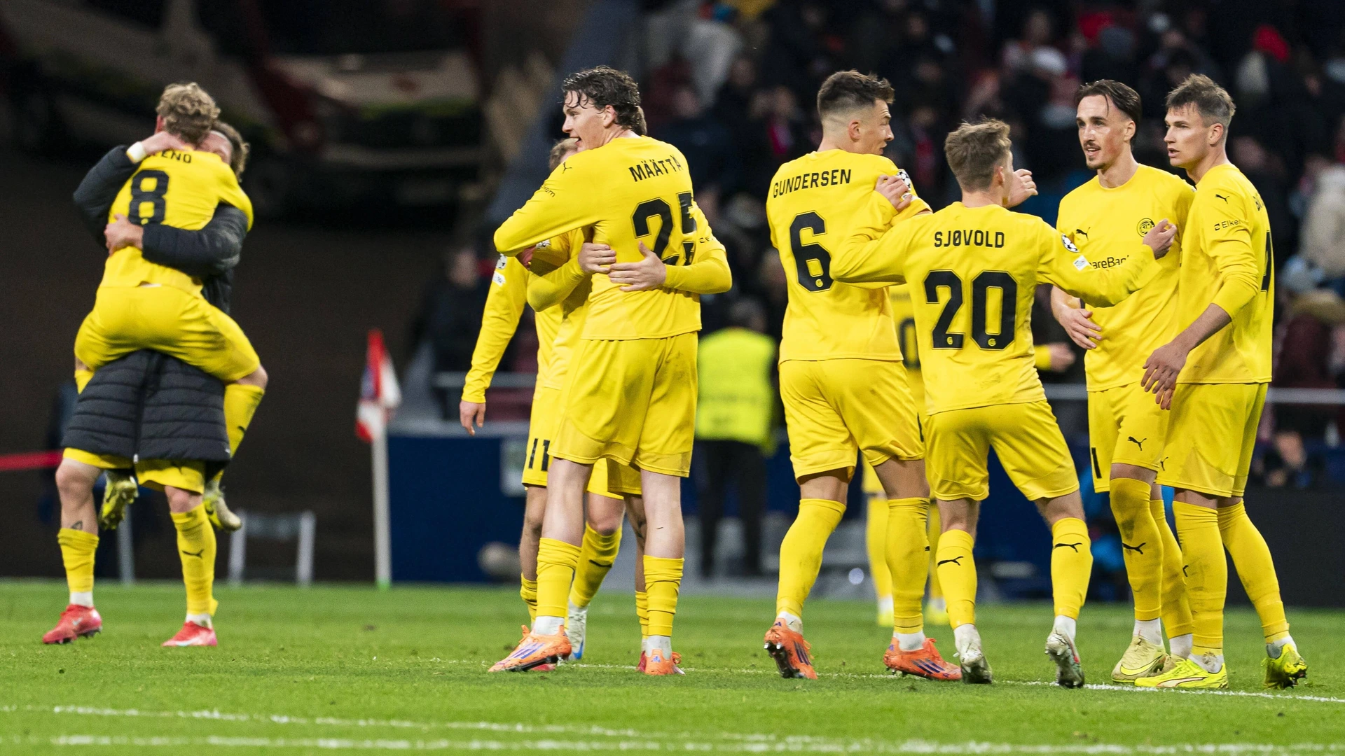 ATLETICO DE MADRID v FK BODO/GLIMT. CHAMPIONS LEAGUE 2025/2026. ROUND 8 MATCH. FK Bodo/Glimt s players celebrate the victory in Champions League 2025/2026, Round 8 match. January 28 ,2026.