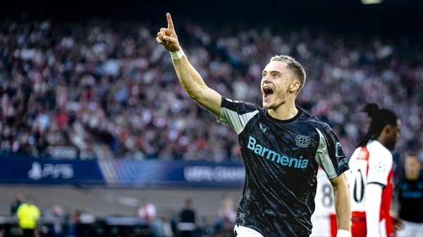 Bayer 04 Leverkusen midfielder Florian Wirtz scores the 0-1 and celebrating the goal, during the match Feyenoord - Leverkusen UEFA Champions League