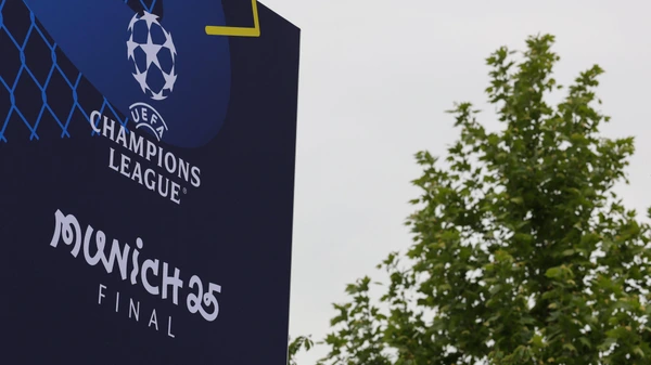 Munich Arena Stadium is prepared two days ahead of UEFA Champions League final football match Paris Saint-Germain PSG against Inter Milan on May 31, 2025. Munich Arena Stadium Logo of the final