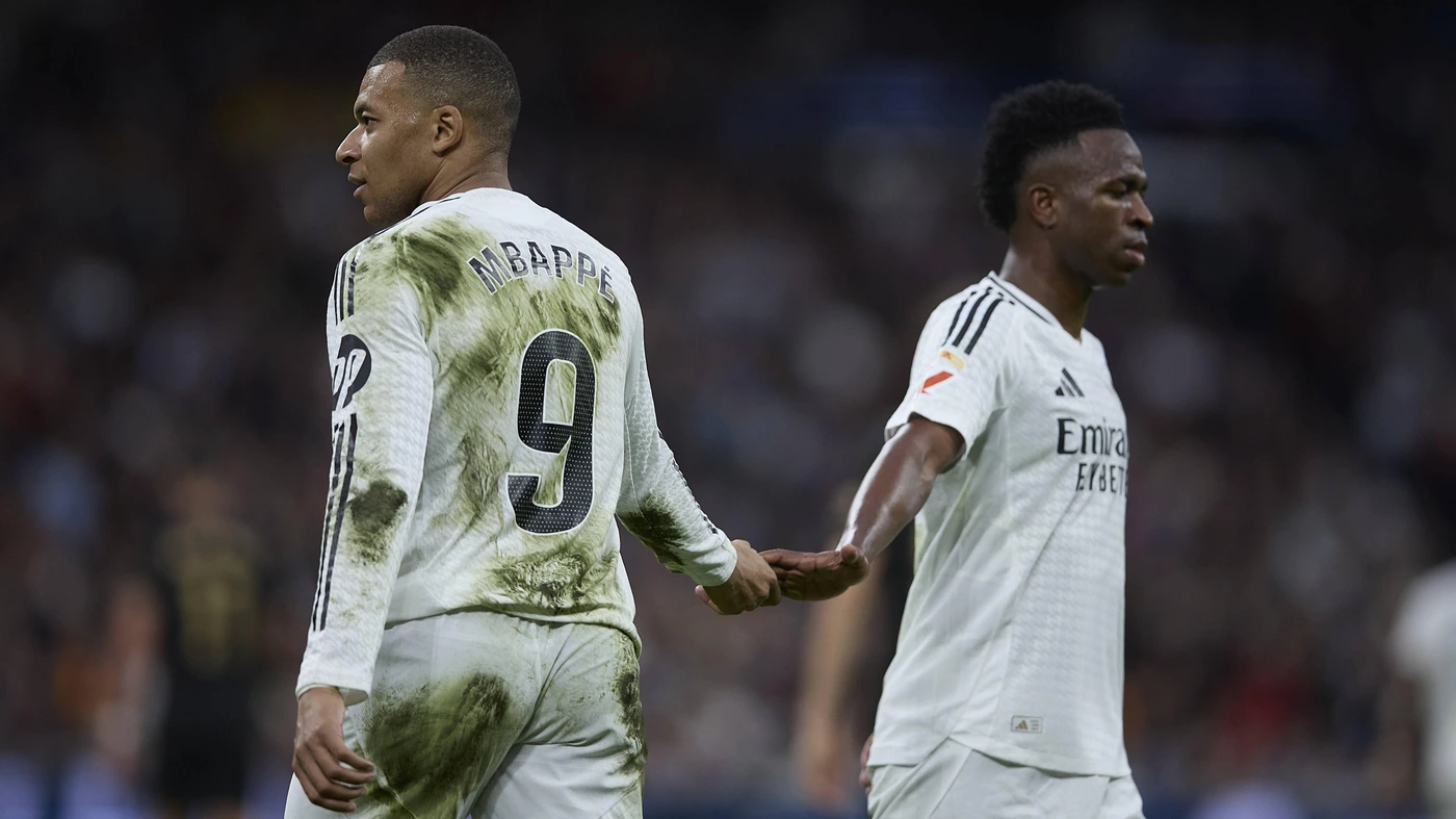 Kyliam Mbappe Real Madrid CF and Vinicius Jr Real Madrid CF gestures during the LaLiga match between Real Madrid and Valencia CF at Santiago Bernabеу on April 5, 2025 in Madrid, Spain.