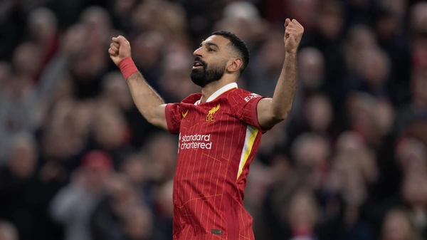 Mohamed Salah of Liverpool celebrates scoring the second goal during the Premier League match between Liverpool FC and Brighton & Hove Albion  November 2, 2024