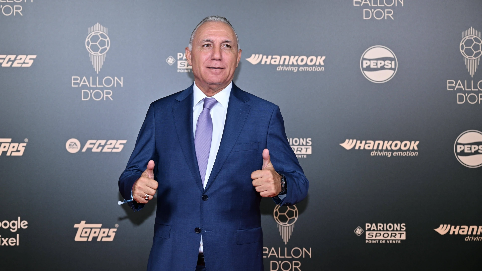 Former Bulgarian player Hristo Stoichkov poses upon arrival to attend the 2024 Ballon d Or France Football award ceremony at the Theatre du Chatelet in Paris on October 28, 2024.