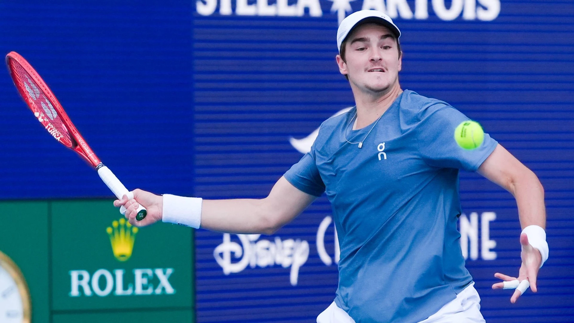 March 19, 2026, Miami Gardens, Florida, USA: Joao Fonseca BRA returns a shot to Fabian Marozsan not pictured during the mens first round of the 2026 Miami Open presented by Itau at Hard Rock Stadium.