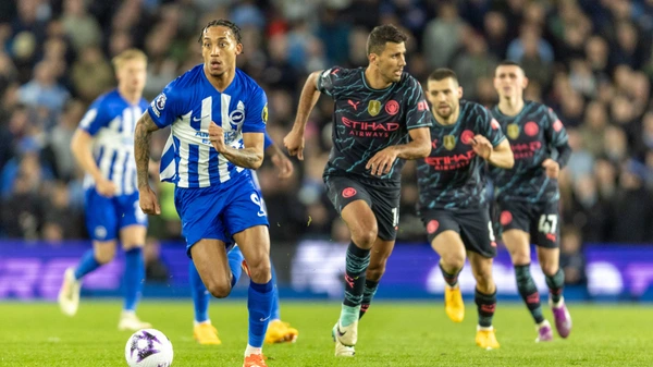 Brighton  forward Joao Pedro 9 in action during the Premier League match between Brighton and Manchester City  25 April 2024