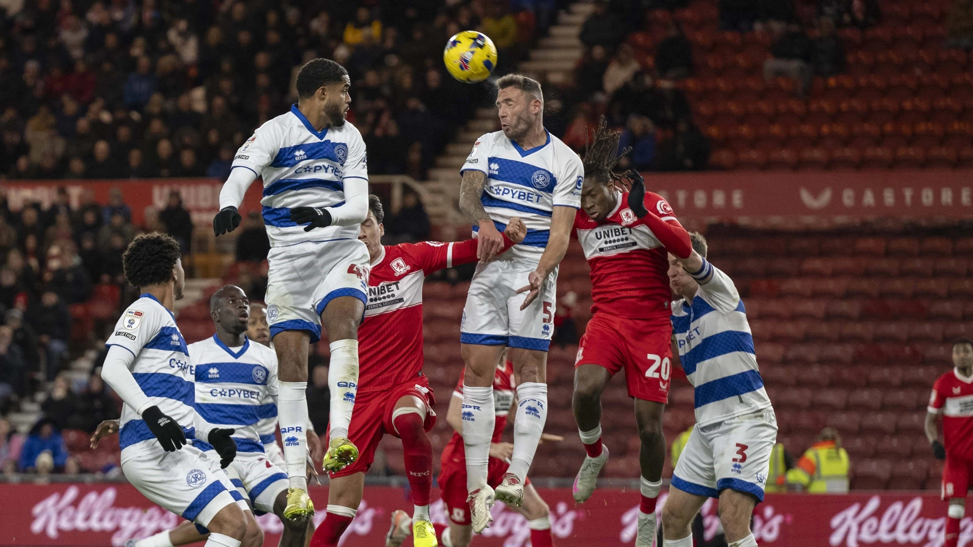 Middlesbrough v Queens Park Rangers - Steve Cook of Queens Park Rangers heads clear from a corner during the match between Middlesbrough and Queens Park Rangers at the Riverside Stadium in Middlesbrough, England, on December 13, 2025.