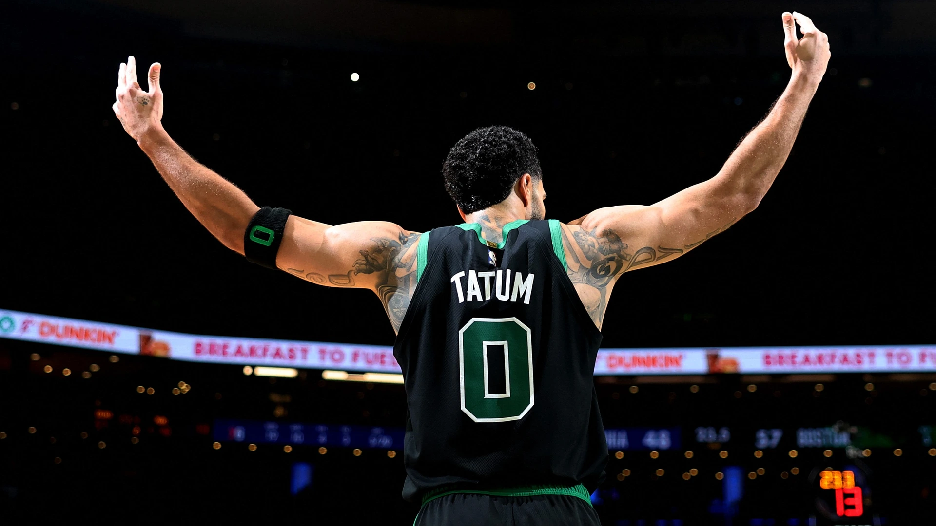 Jayson Tatum #0 of the Boston Celtics reacts during the second quarter against the Philadelphia 76ers in Game Five of the First Round of the NBA Eastern Conference Playoff at TD Garden on April 28, 2026 