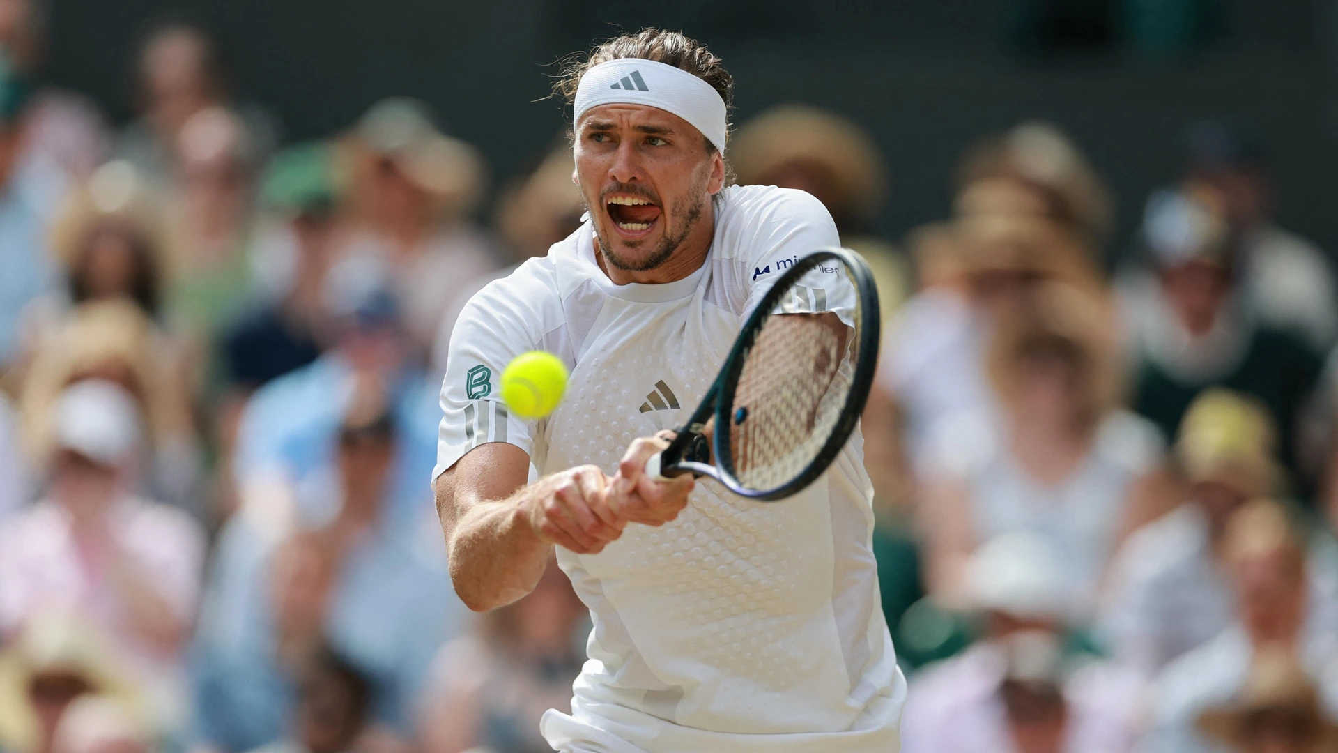Alexander Zverev of Germany returns the ball to Arthur Fery of Great Britain during the men's singles semi-final match on day twelve of the 2026 Wimbledon Championships at All England Lawn Tennis and Croquet Club in London, on July 10, 2026.
