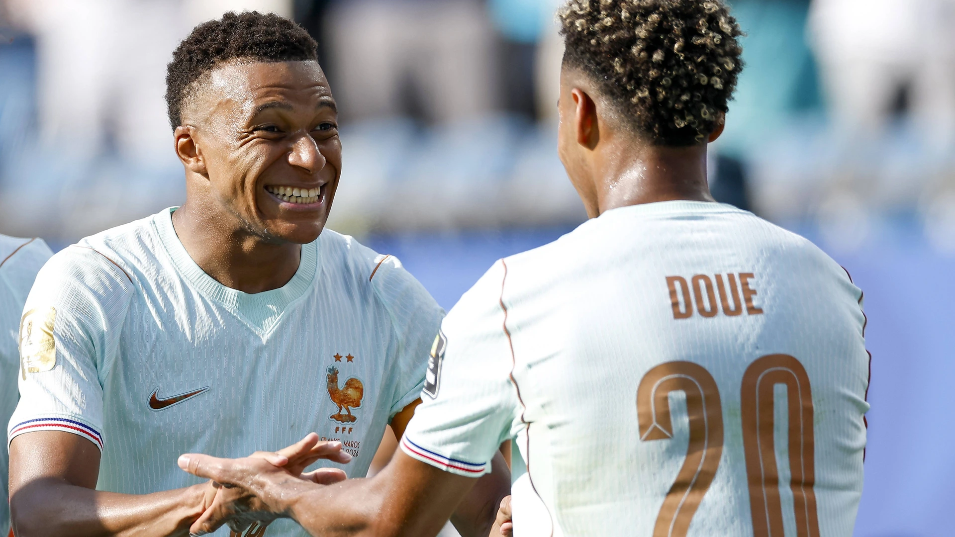 Kylian Mbappe of France and Desire Doue of France celebrate the 1-0 during the 2026 FIFA World Cup quarter-final match between France and Morocco at Boston Stadium on July 9, 2026