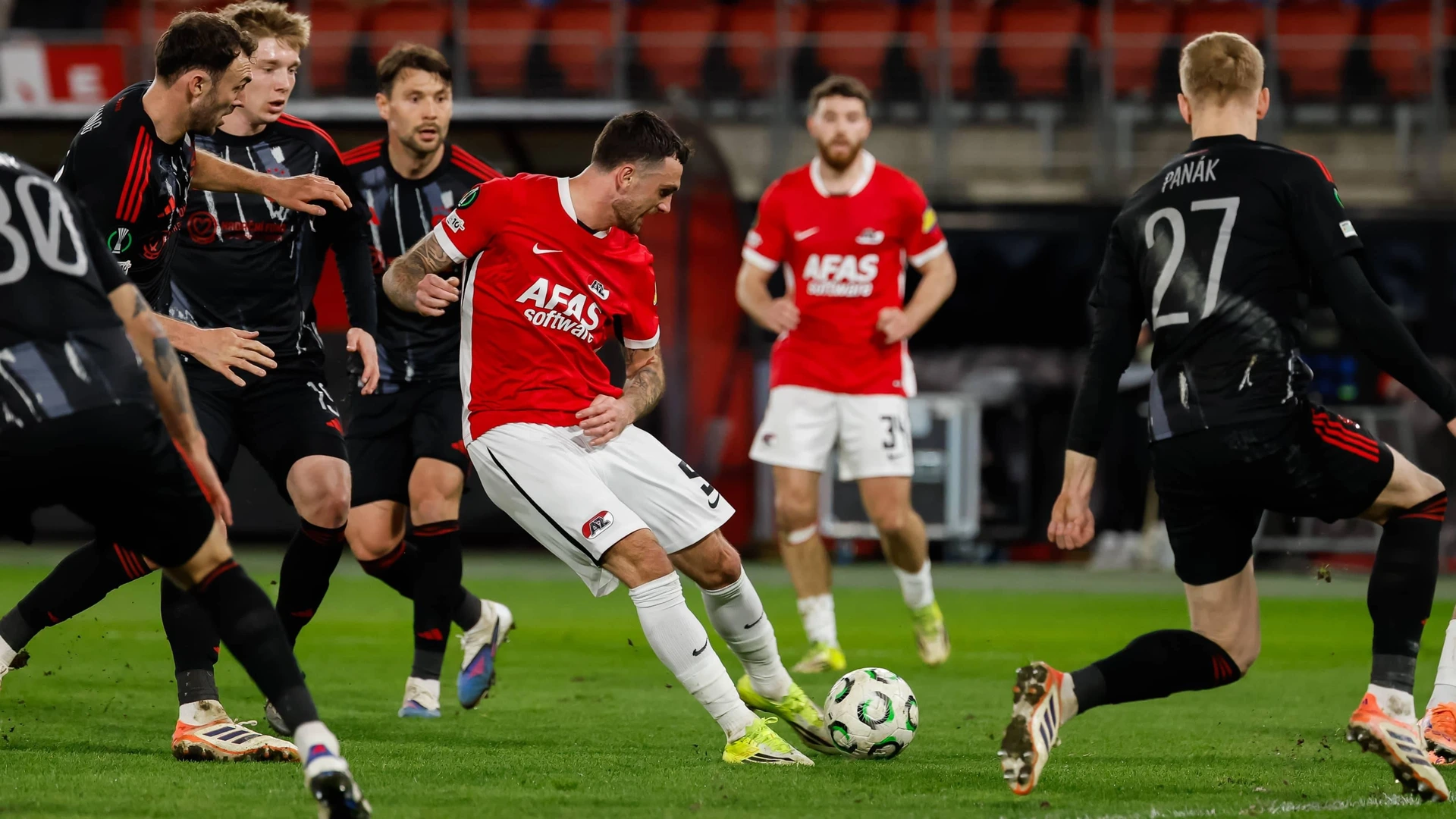Troy Parrott of AZ Alkmaar shoots on goal AZ Alkmaar v AC Sparta Praha, UEFA Conference League 2025/26 Round of 16 First Leg, AZ Alkmaar v AC Sparta Praha, AZ Stadion, March 12, 2026, Alkmaar, Netherlands.