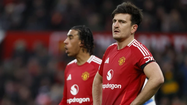 Harry Maguire of Manchester United reacts during the Premier League match between Manchester United FC and Brighton & Hove Albion FC at Old Trafford on January 19, 2025 in Manchester, England. Manchester Old Trafford England United Kingdom