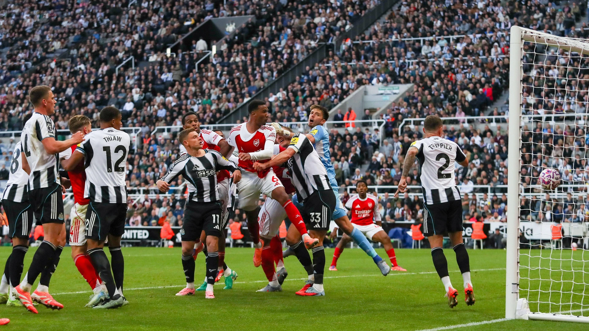 Newcastle United FC v Arsenal FC, Premier League Gabriel Of Arsenal scores a GOAL 1-2 during the Newcastle United FC v Arsenal FC English Premier League match at St.James Park, Newcastle, England, United Kingdom on 28 September 2025