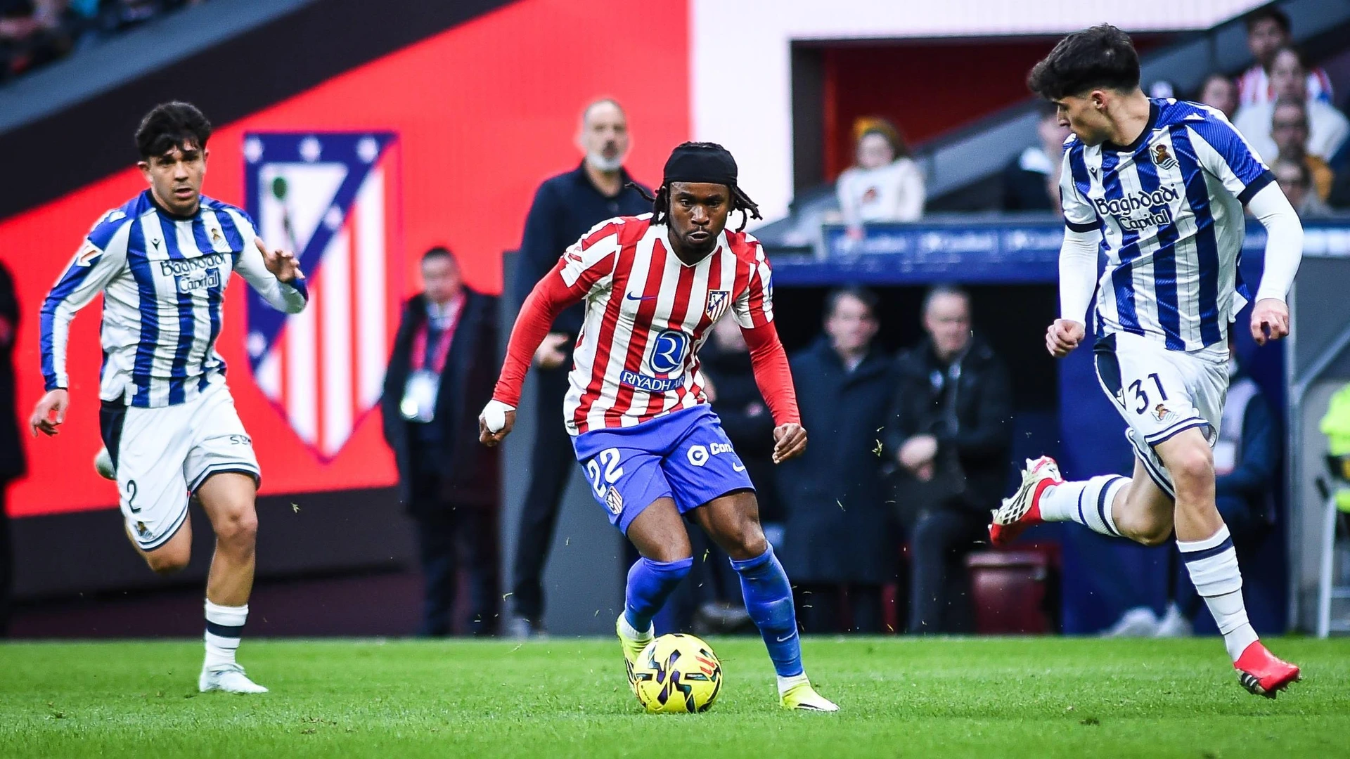Joan ARAMBURU of Real Sociedad, Ademola LOOKMAN of Atletico Mardrid and Jon MARTIN of Real Sociedad during the LaLiga match between Atletico de Madrid and Real Sociedad at Riyadh Air Metropolitano on March 07, 2026 in Madrid, Spain.