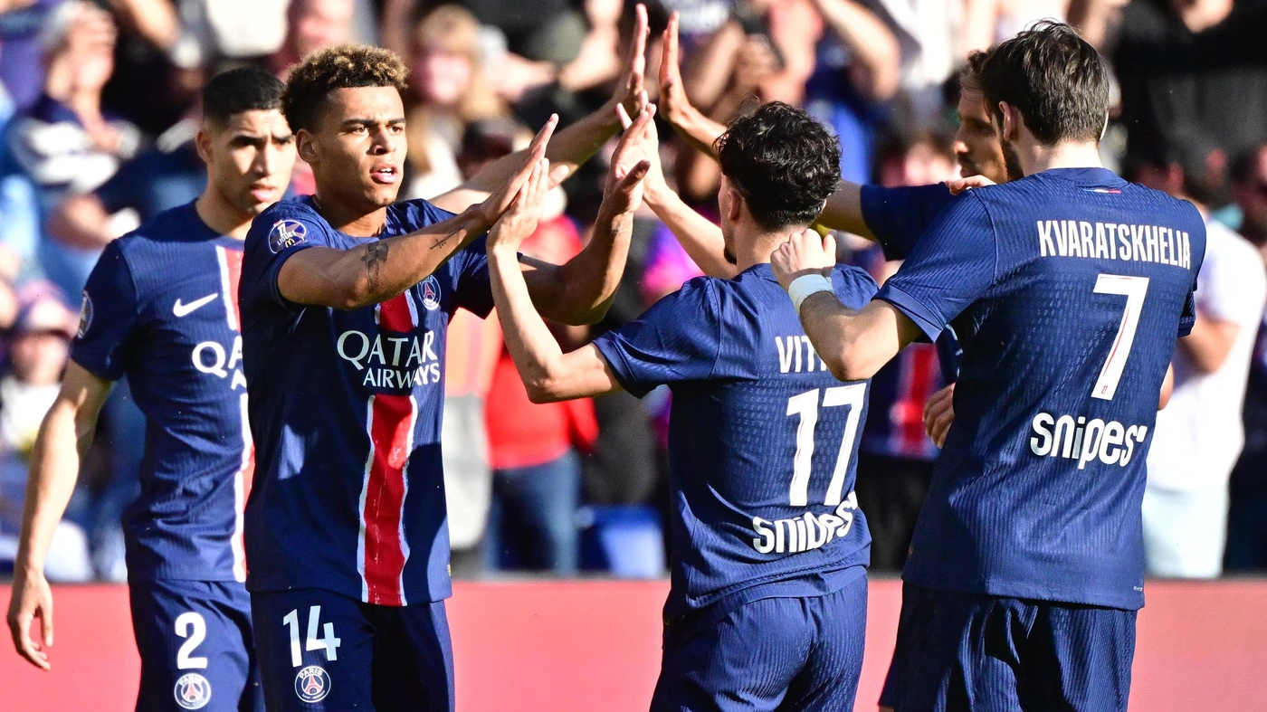 Desire Douе in French L1 football match between Paris Saint-Germain PSG and SCO Angers at Parc des Princes stadium in Paris, France on April 05, 2025.