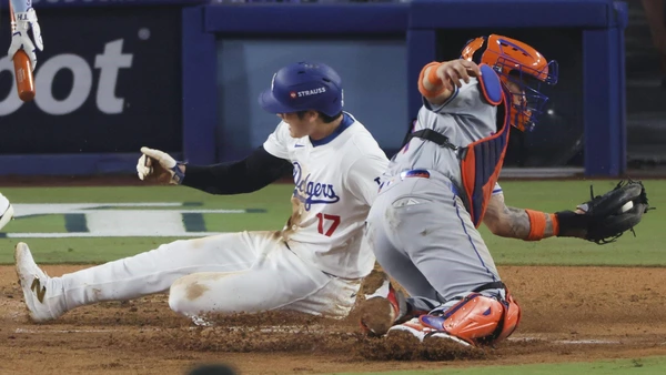 MLB, Baseball Los Angeles Dodgers designated hitter Shohei Ohtani L scores on an RBI single by Freddie Freeman in the fourth inning of Game 1 of the National League Championship Series against the New York Mets Oct. 13, 2024