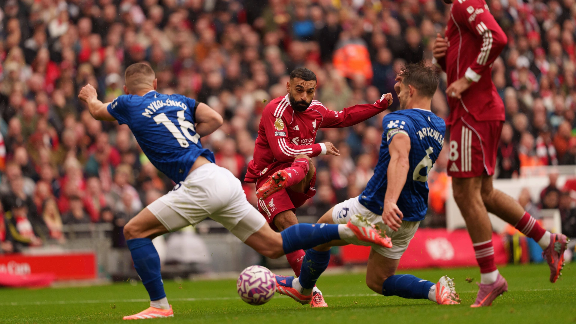 Liverpool v Everton - Premier League Mohamed Salah shoots at goal during the Premier League match between Liverpool and Everton at Anfield in Liverpool, England, on September 20, 2025.
