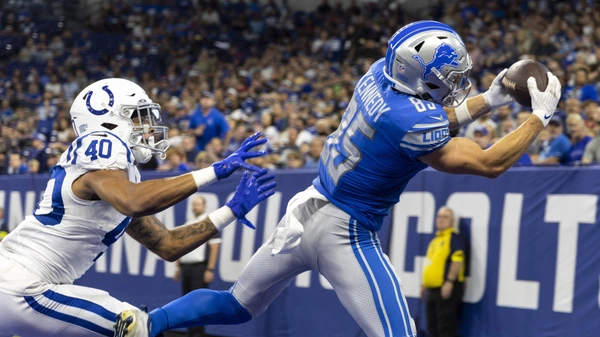 August 20, 2022: Detroit Lions wide receiver Tom Kennedy 85 catches touchdown as Indianapolis Colts defensive back Chris Wilcox 40 defends during NFL, American Football Herren, USA football preseason game action