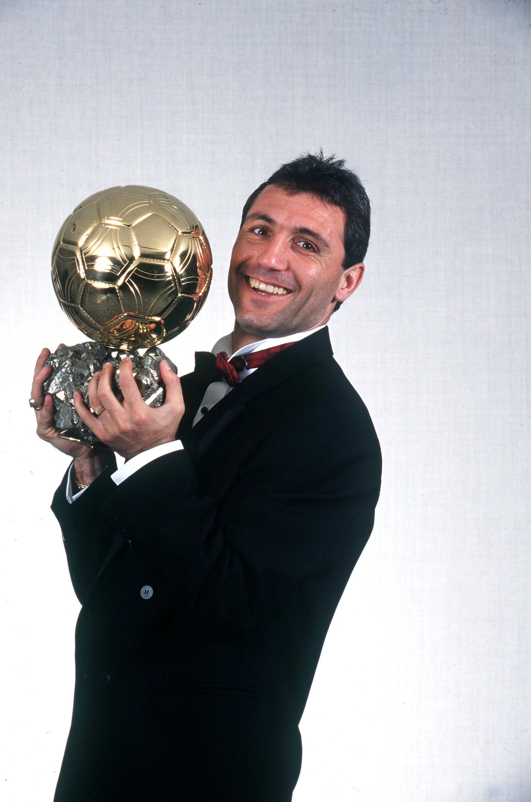December 19, 1994 Bulgarian national soccer player Hristo Stoichkov poses for a studio portrait with the 1994 Ballon dOr trophy, award of the best player of the year 