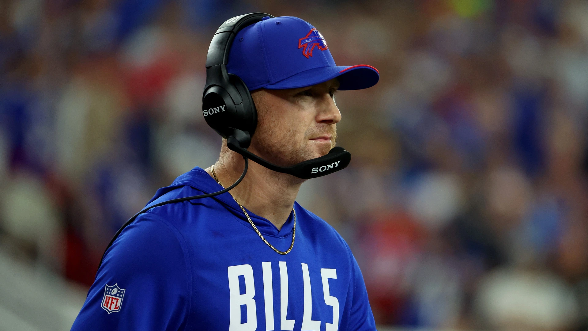 Head coach Joe Brady of the Buffalo Bills reacts against the Detroit Lions during the second quarter of the game at Highmark Stadium on September 17, 2026