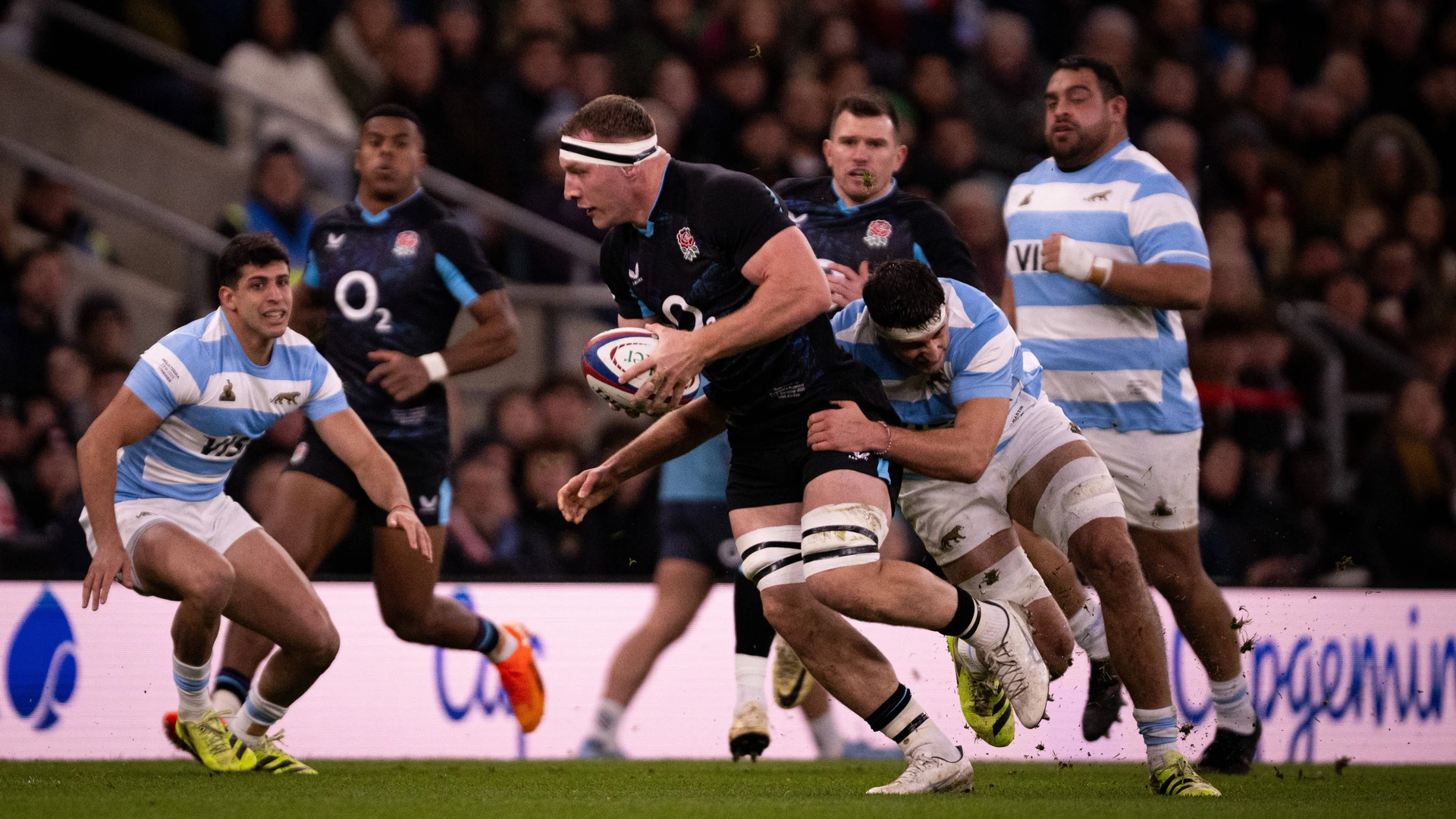 rugby players in action during the Quilter Nations Series 2025 rugby international match between England and Argentina at Allianz Stadium on November 23, 2025 in London, England.