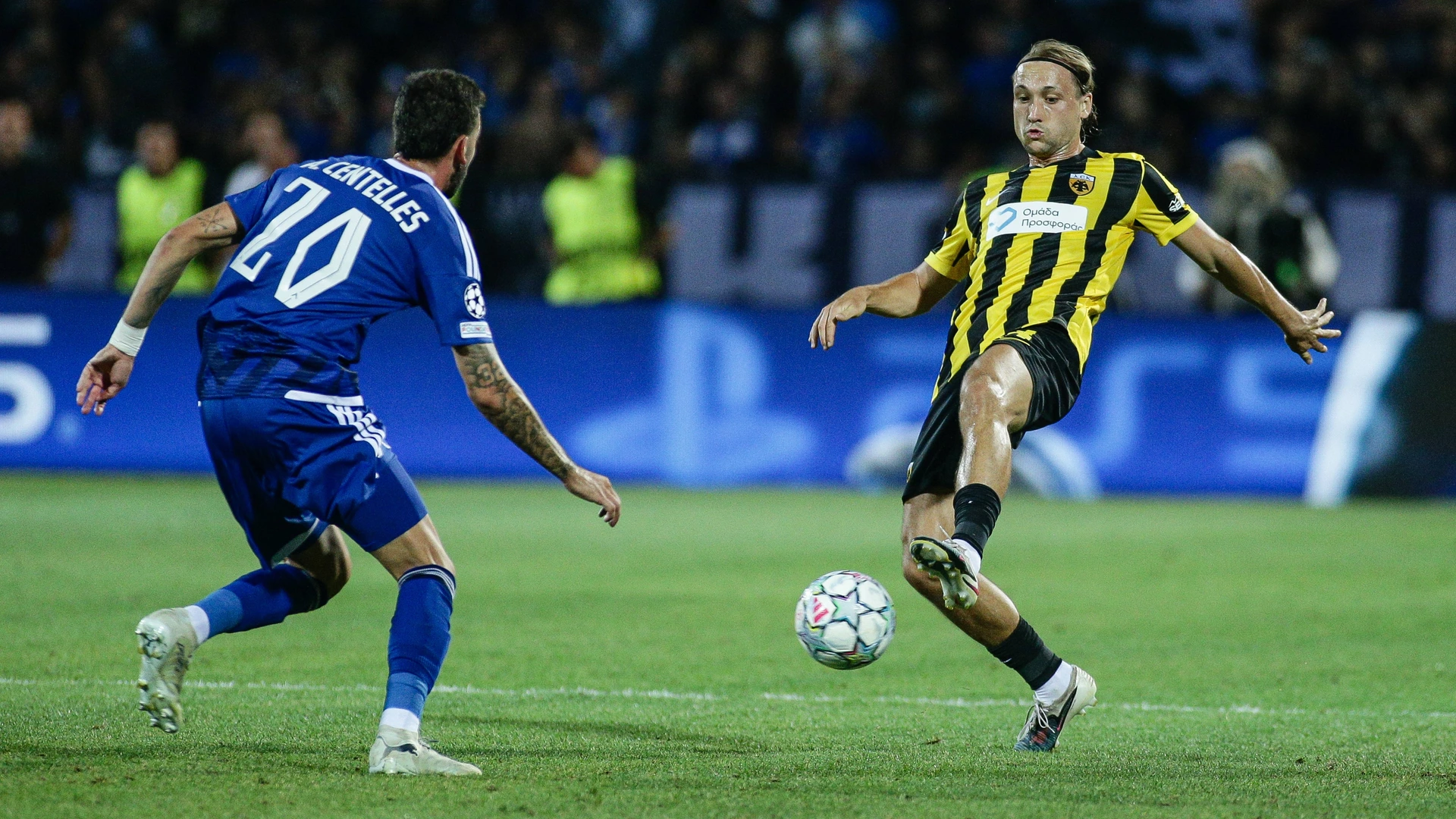 AEK s Lovro Majer in action against Levski s Alex Centelles during the Champions League playoff match between PFC Levski Sofia and AEK Athens FC at Vasil Levski Stadium in Sofia, Bulgaria, on August 18, 202