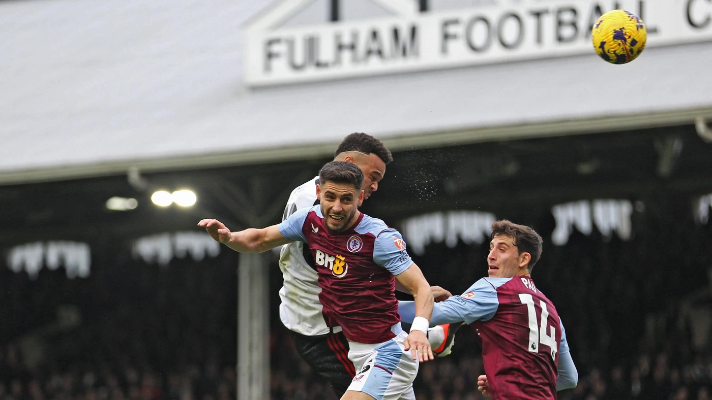 London, February 17th 2024: Rodrigo Muniz of Fulham heads the ball ahead of Alex Moreno of Aston Villa during the Premier League match between Fulham and Aston Villa at Craven Cottage on February 17, 2024 in London, England.