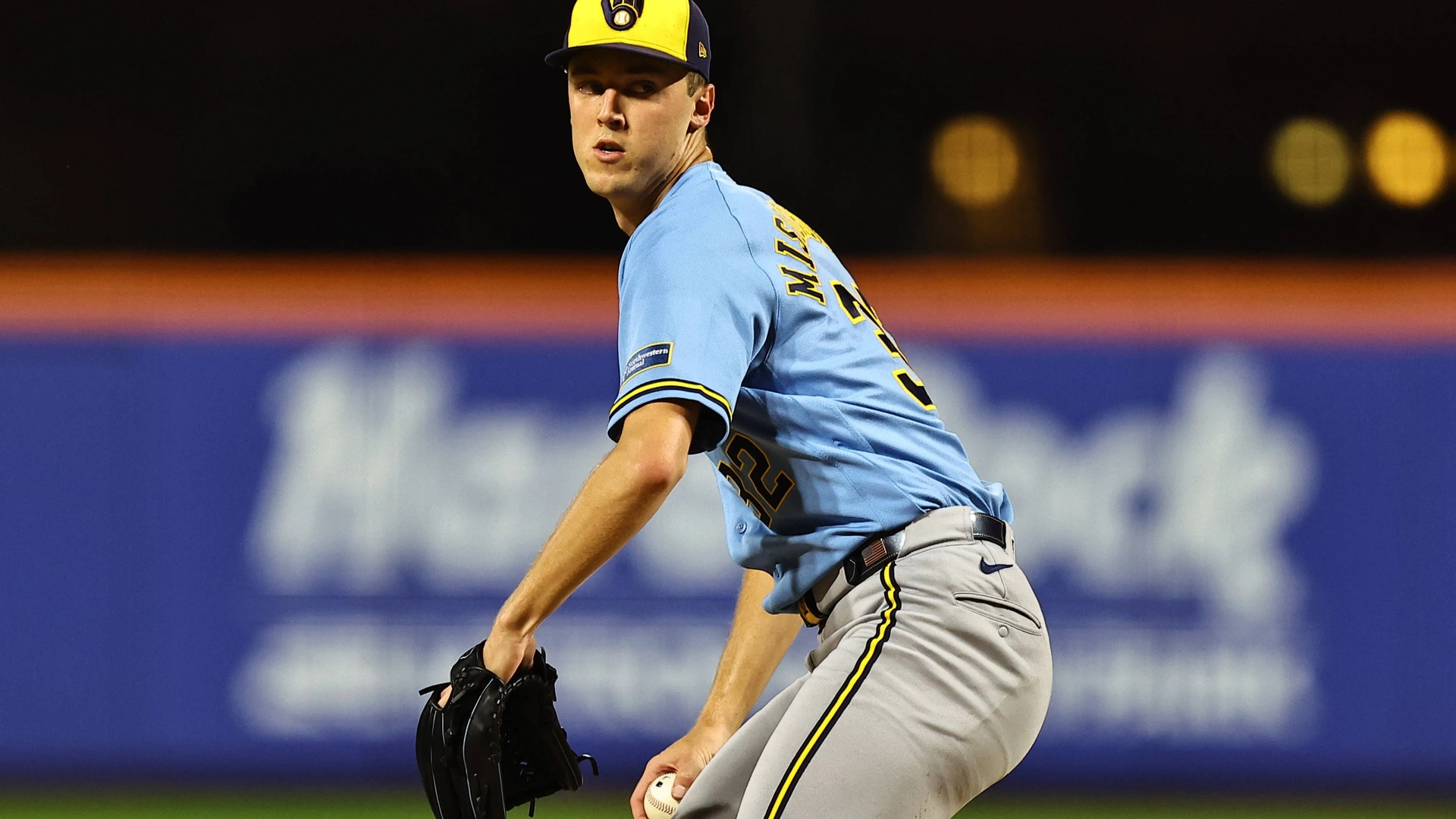 Milwaukee Brewers starting pitcher Jacob Misiorowski 32 throws during the fifth inning of a baseball game against the New York Mets at Citi Field in Flushing, New York, on August 27, 2026.