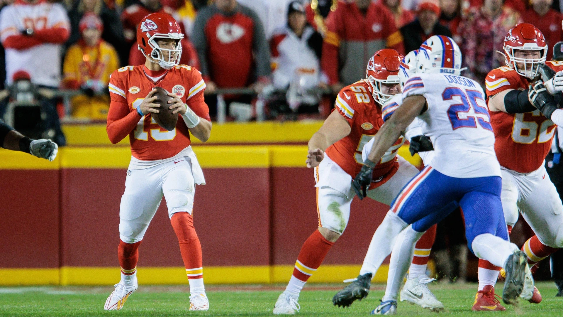 KANSAS CITY, MO - DECEMBER 10: Kansas City Chiefs quarterback Patrick Mahomes 15 looks to pass against the Buffalo Bills on December 10th at Arrowhead Stadium in Kansas City, Missouri.