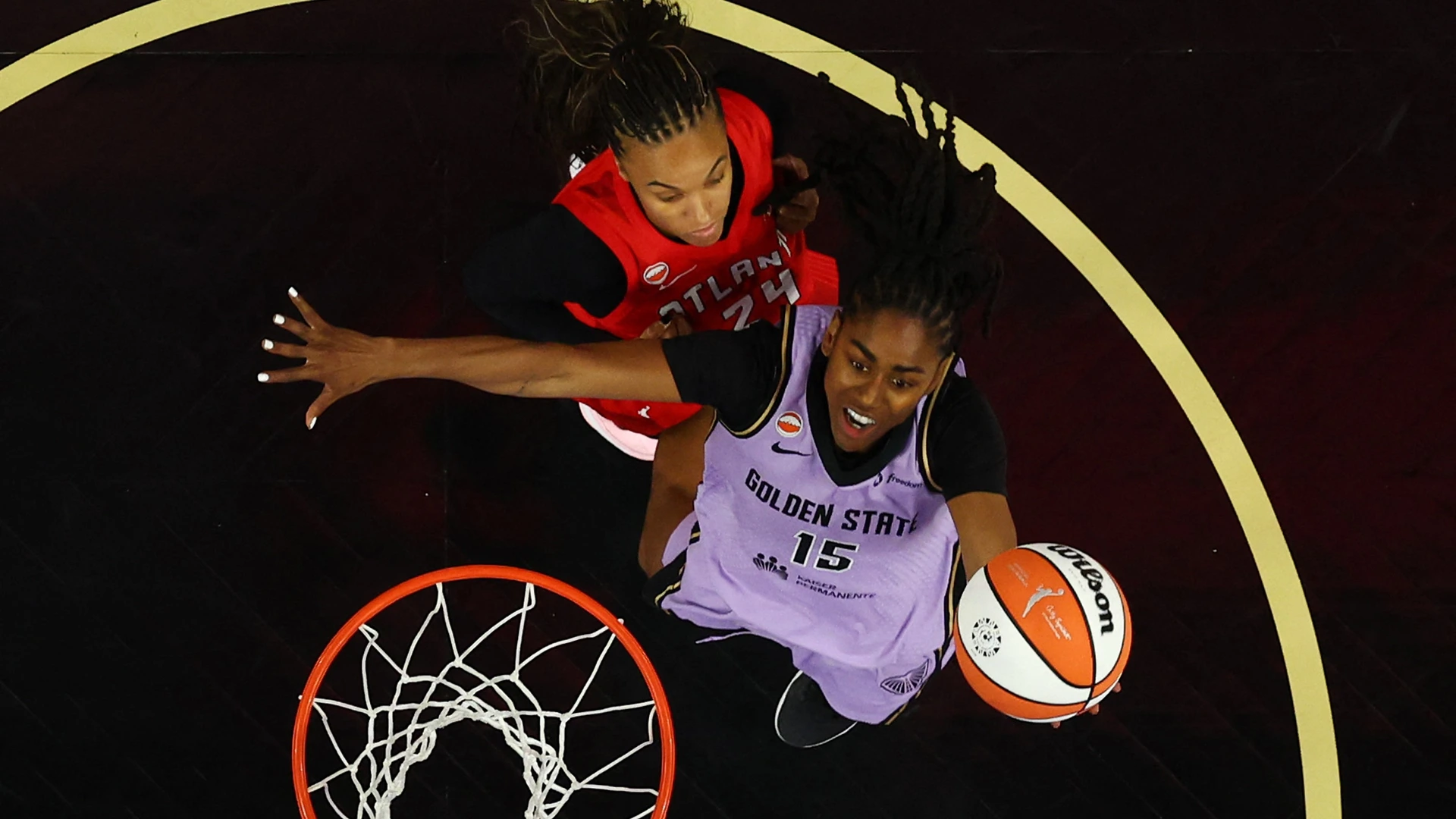 Tiffany Hayes #15 of the Golden State Valkyries shoots the ball against DeWanna Bonner #24 of the Atlanta Dream during the second quarter in game two of the WNBA Finals at Chase Center on October 19, 2026