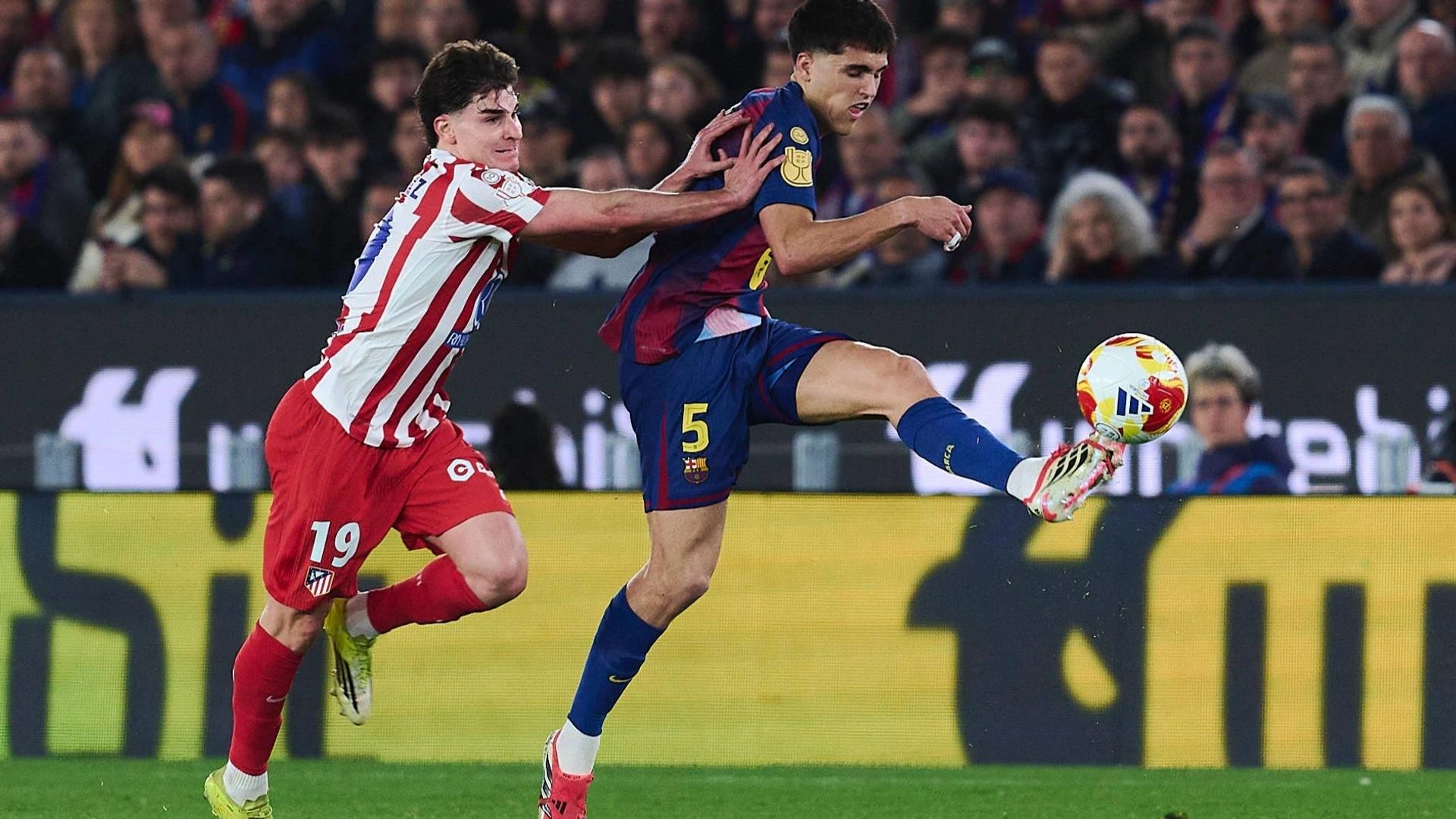 Soccer Copa del Rey semi-final second leg FC Barcelona Atletico Madrid on 03 03 2026 at Spotify Camp Nou in Barcelona Julian Alvarez Madrid , left Pau Cubarsi Barcelona , right xPGSx