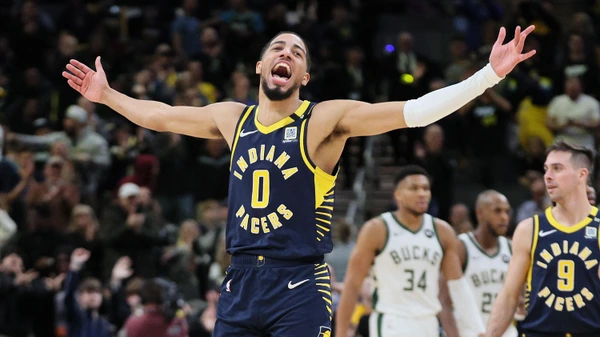 INDIANAPOLIS, INDIANA - JANUARY 03: Tyrese Haliburton #0 of the Indiana Pacers celebrates in the fourth quarter of the 142-130 win against the Milwaukee Bucks at Gainbridge Fieldhouse on January 03, 2024 in Indianapolis, Indiana.