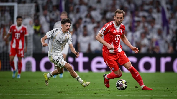 CHAMPIONS LEAGUE SEASON 2025 2026 Quarter-final first leg 07 04 2026 Real Madrid FC Bayern Muenchen Harry Kane right, FC Bayern Muenchen v Thiago Pitarch left, Real Madrid