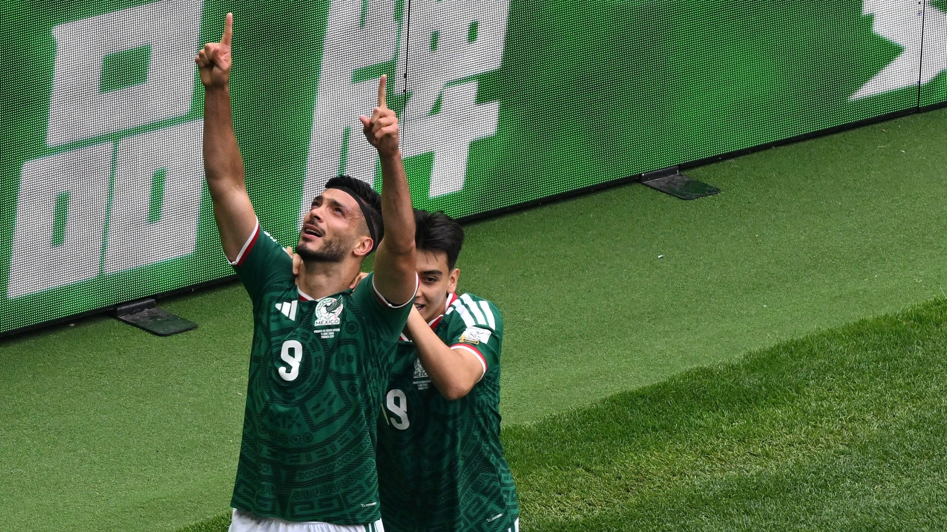 Raul Jimenez 9 of Mexico celebrates after scoring a goal in the first FIFA World Cup 2026 match against South Africa June 11, 2026 in Mexico City, Mexico.