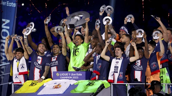 Marquinhos of PSG and teammates celebrate during the trophy ceremony following the French championship Ligue 1 football match between Paris Saint-Germain (PSG) and Clermont Foot 63 on June 3, 2023 at Parc des Princes stadium in Paris, France.