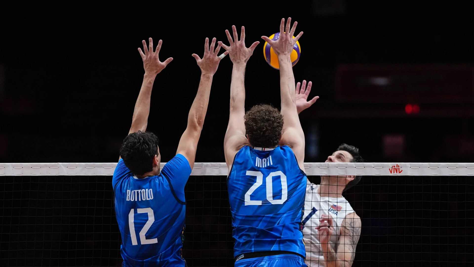 Mattia Bottolo 12 and Pardo Mati 20 of Italy compete during the 2026 Men s Volleyball Nations League match between the United States and Italy on June 14, 2026.