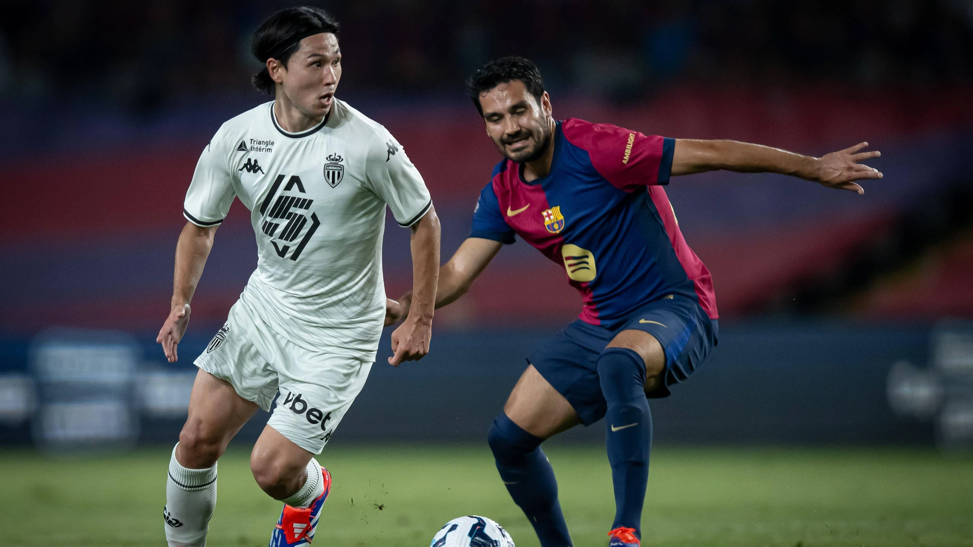August 12, 2024, Barcelona, Spain: Takumi Minamino AS Monaco in action during a Joan Gamper Trophy match between FC Barcelona, Barca and AS Monaco at Estadi Olimpic Lluis Company. Final score FC Barcelona 0:3