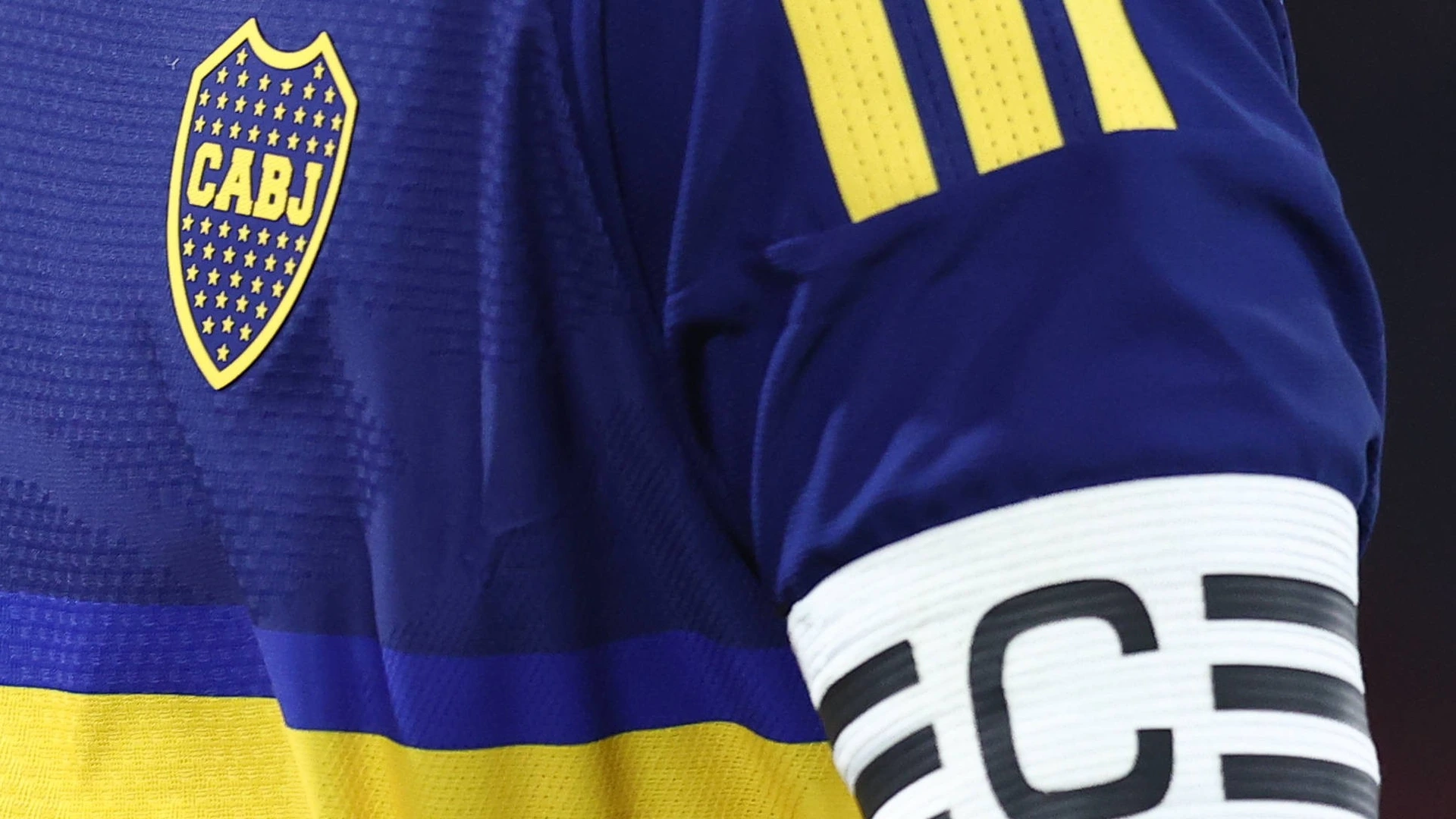 Detail of the Boca Juniors crest and the captain s armband of midfielder Leandro Paredes during the Argentine Professional League 2026 Clausura football match between Boca Juniors and Velez Sarsfield at Tomas Duco stadium in Buenos Aires on August 8, 2026.