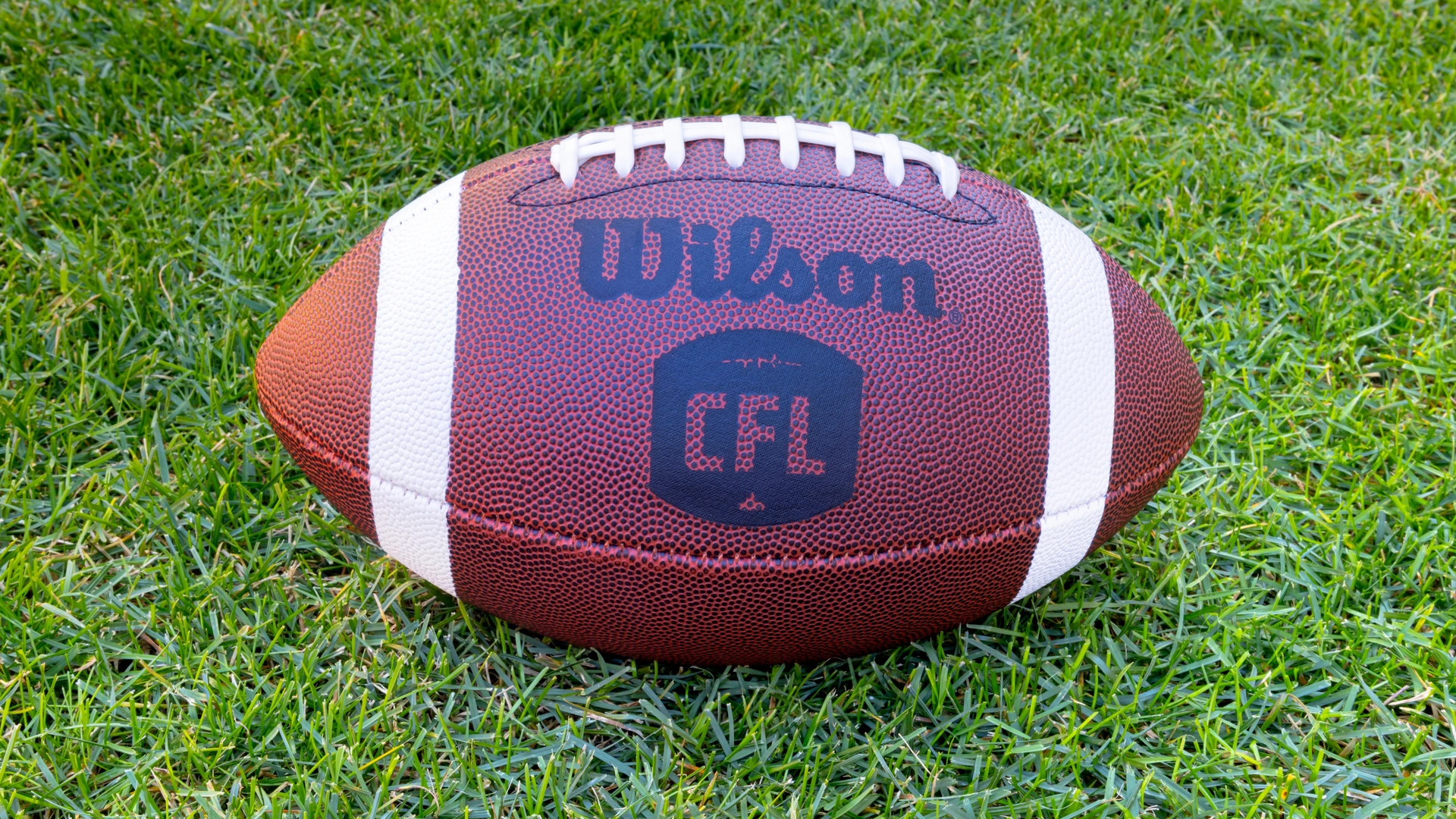 Calgary, Alberta, Canada. Aug 30, 2022. A Canadian Football League ball with the CFL logo on a green grass field.