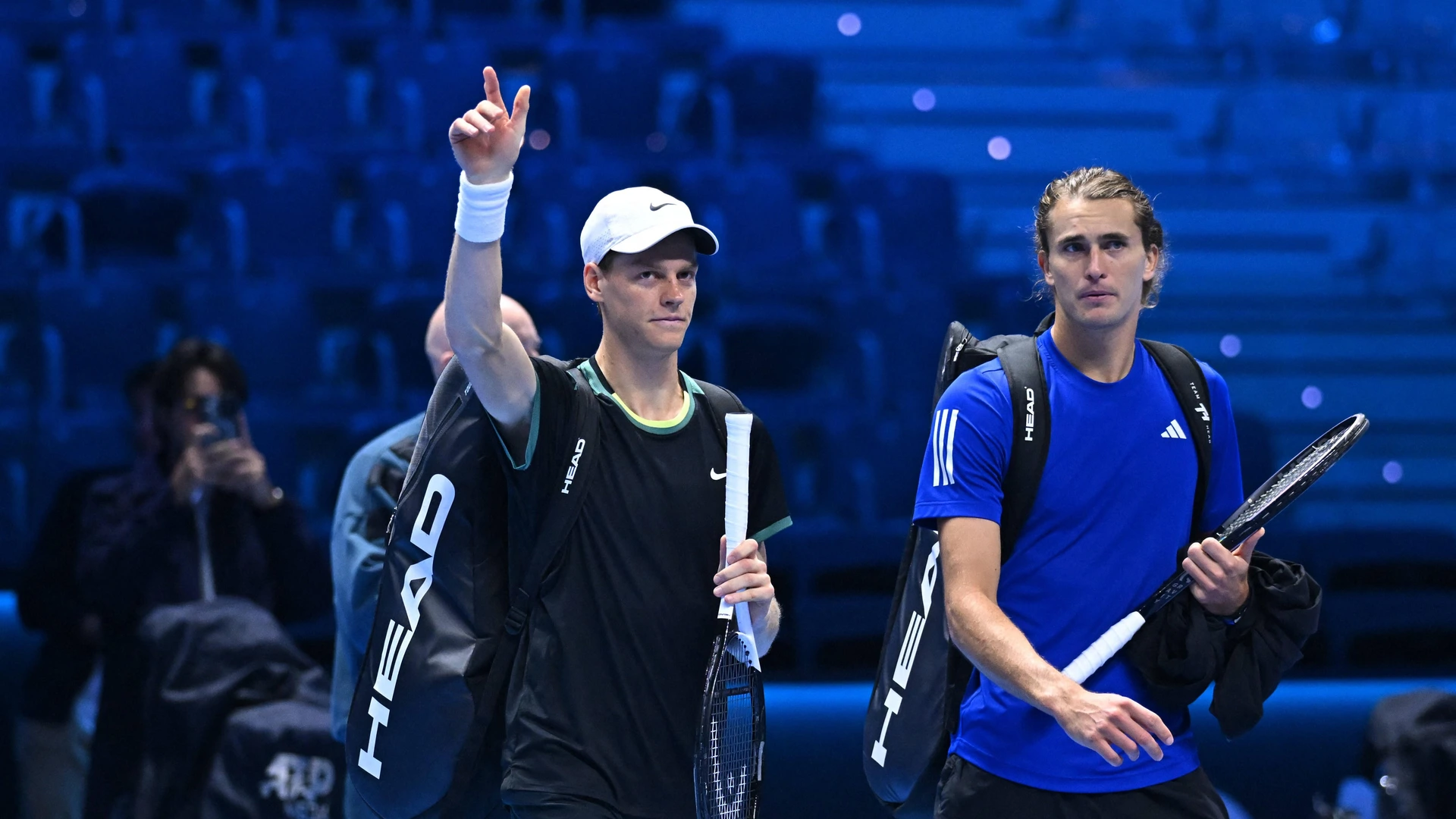 Jannik Sinner ITA with Alexander Zverev from Germany during practice at the 2024 Nitto ATP Finals in Turin, Italy, on November 8, 2024.
