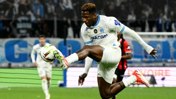 Marseille's Cameroonian forward #14 Faris Moumbagna controls the ball during the French L1 football match between Olympique de Marseille (OM) and OGC Nice at Stade Velodrome in Marseille, southern France on April 24, 2024.