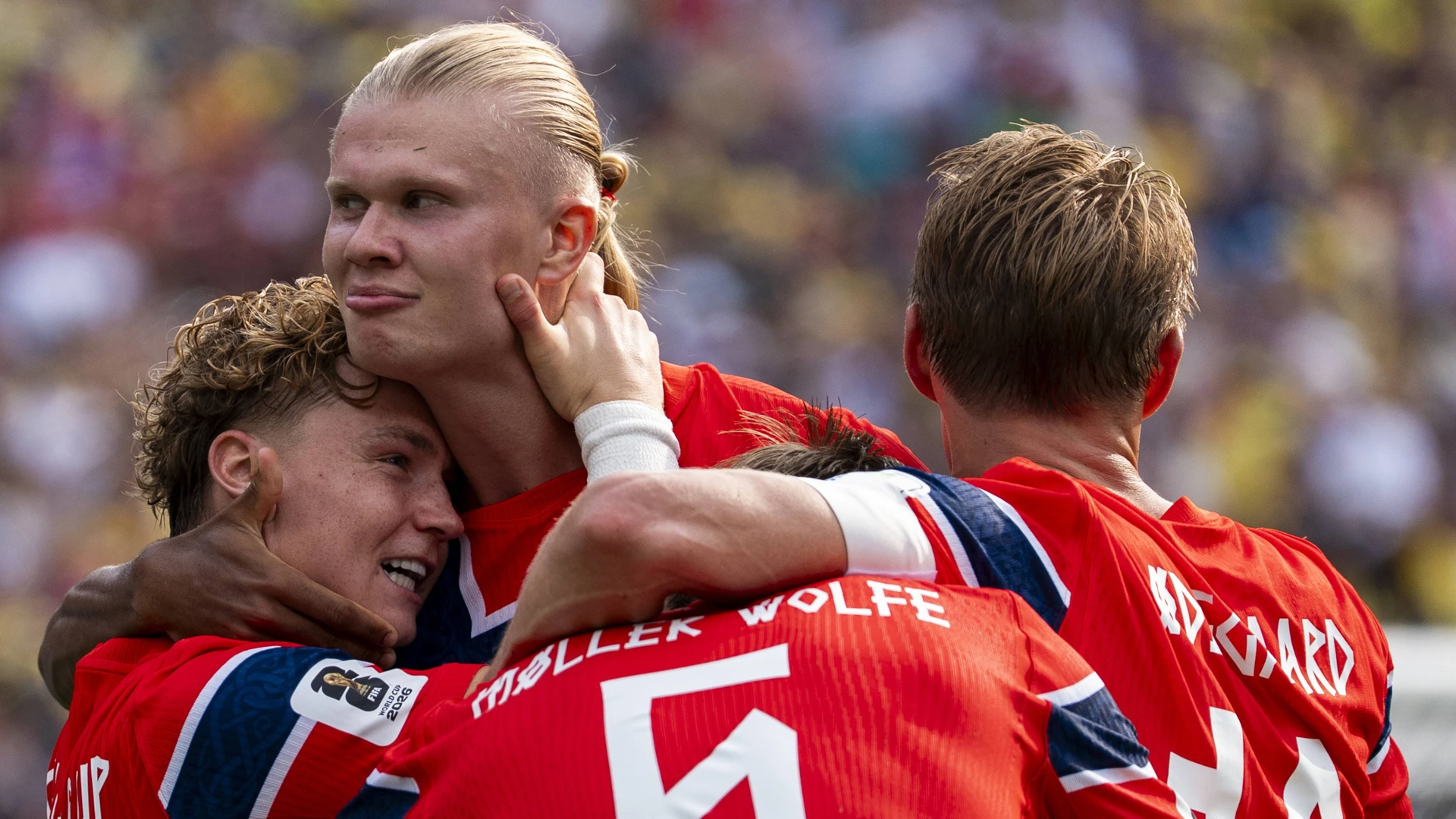 Erling Haaland of Norway celebrates after scoring his 9th goal. His teammates celebrate with him. 2026 FIFA World Cup: Brazil vs. Norway, July 5, 2026. Round of 16 match at New York New Jersey Stadium in East Rutherford, New Jersey, USA.