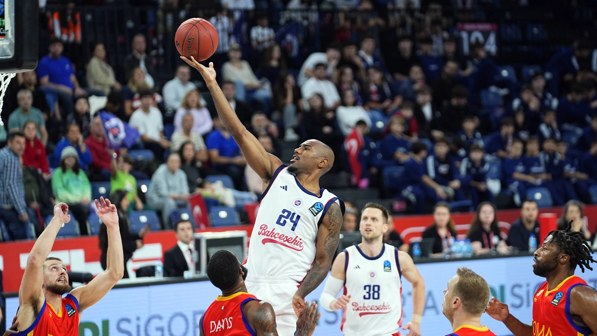 Isiaha Mike 24 of Bahcesehir Koleji in action against Corey Davis Jr. 5 of Roma Basketball during the BKT EuroCup Group D week 1 basketball match between Bahcesehir Koleji and Roma Basketball at Sinan Erdem Sports Hall in Istanbul, Turkiye on September 30, 2026