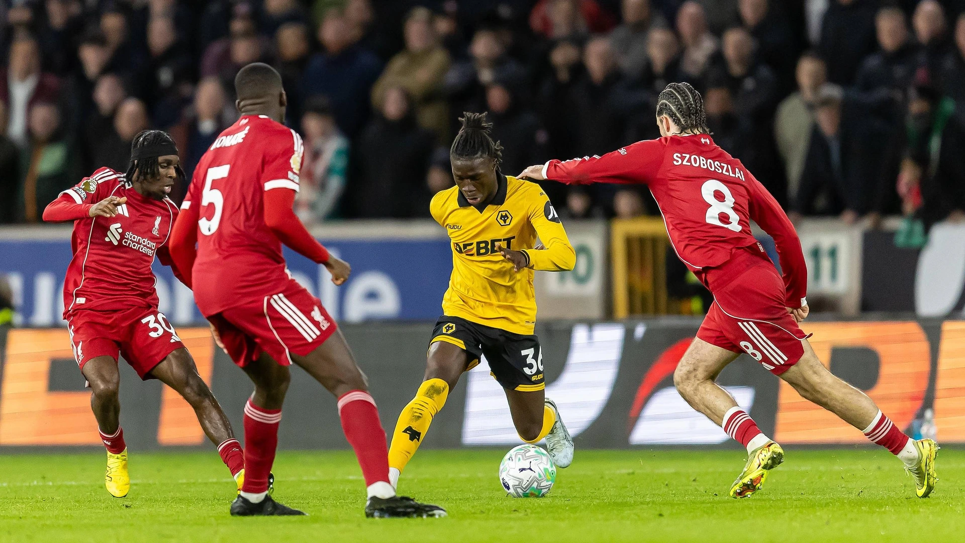 Wolverhampton Wanderers v Liverpool, Premier League Wolverhampton Wanderers midfielder Mateus Mane 36 runs forward with ball during the Premier League match between Wolverhampton Wanderers and Liverpool at Molineux, Wolverhampton, UK on 3 March 2026.